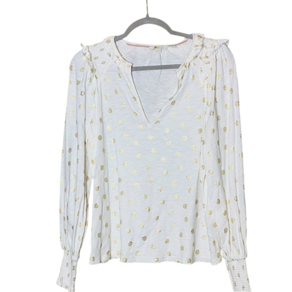 Boden Notch Neck Smocked Frill Top Ivory White Gold Dainty Foil Style T1034 - Picture 3 of 7